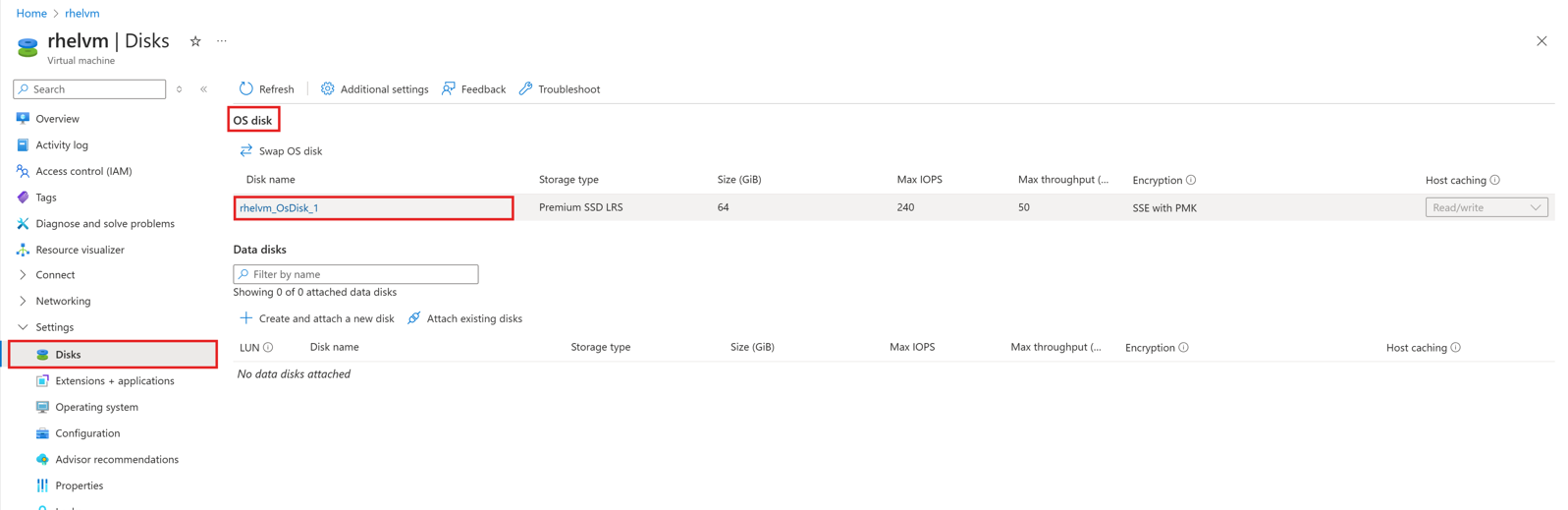 Screenshot of the OS disk details page.