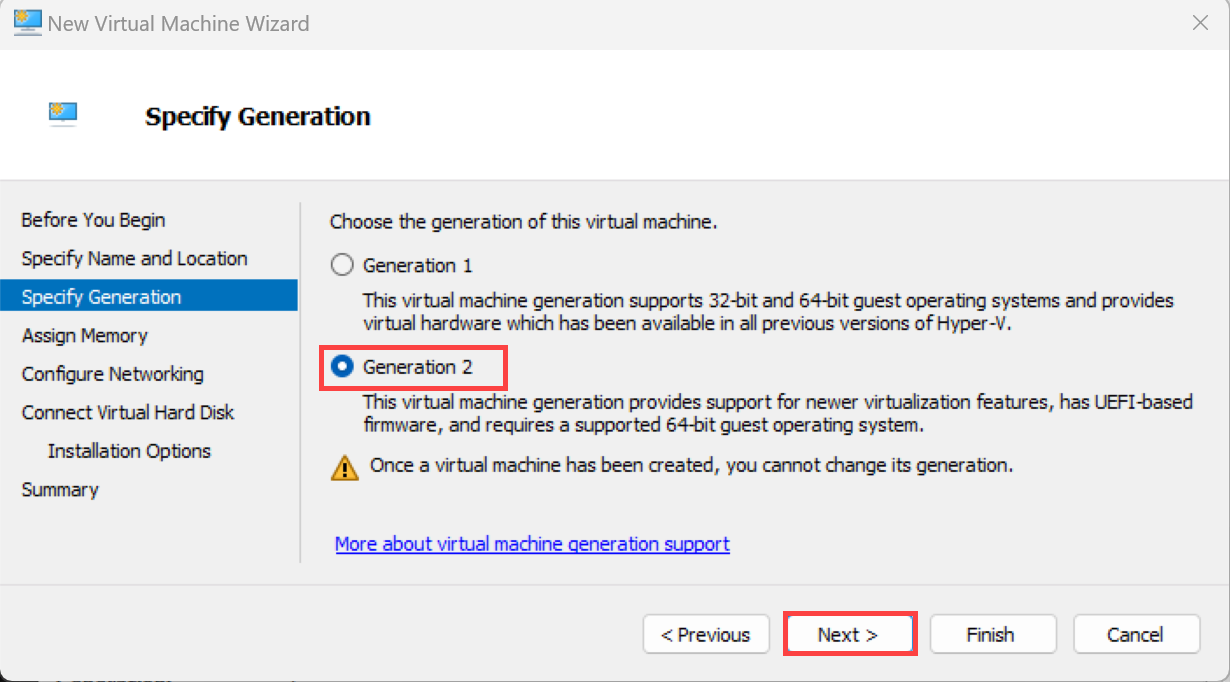 Screenshot that shows the New Virtual Machine Wizard on the Specify Generation page.
