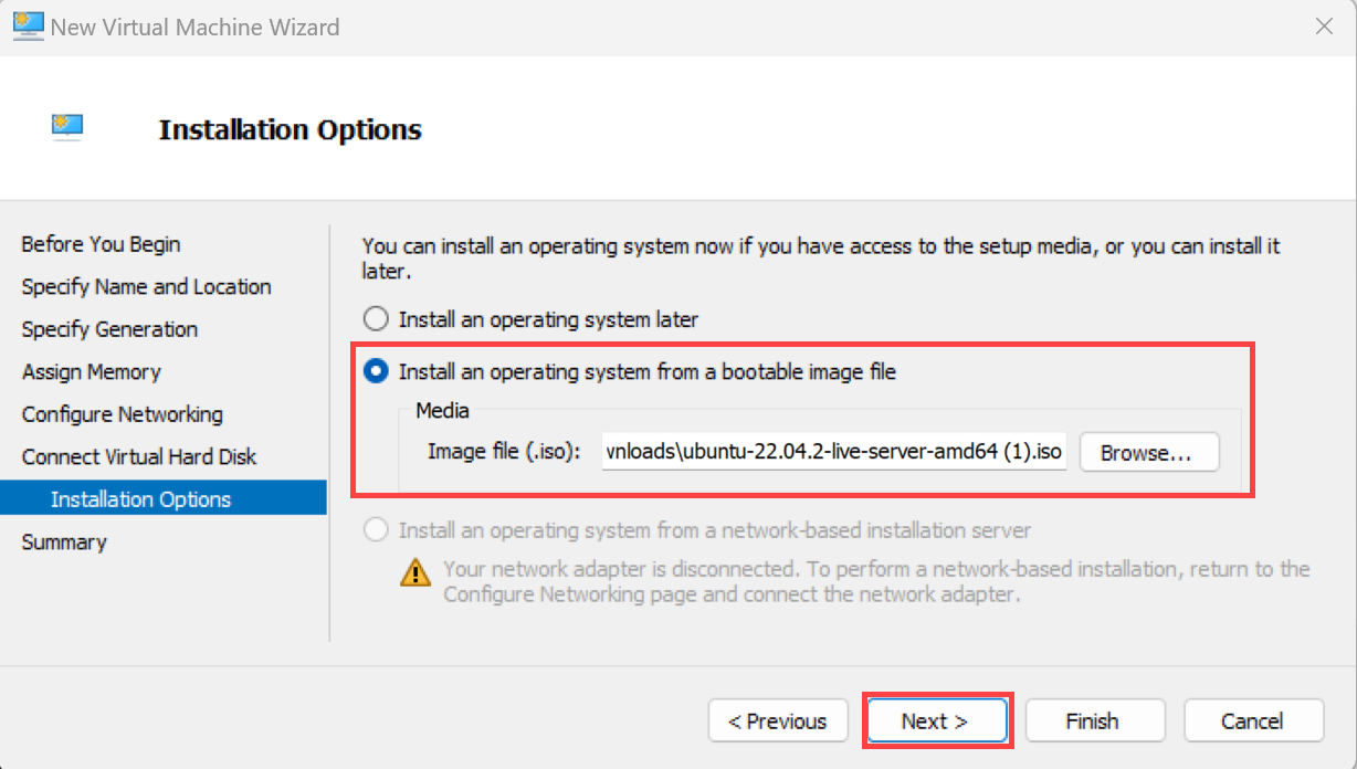 Screenshot that shows the New Virtual Machine Wizard on the Installation Options page.
