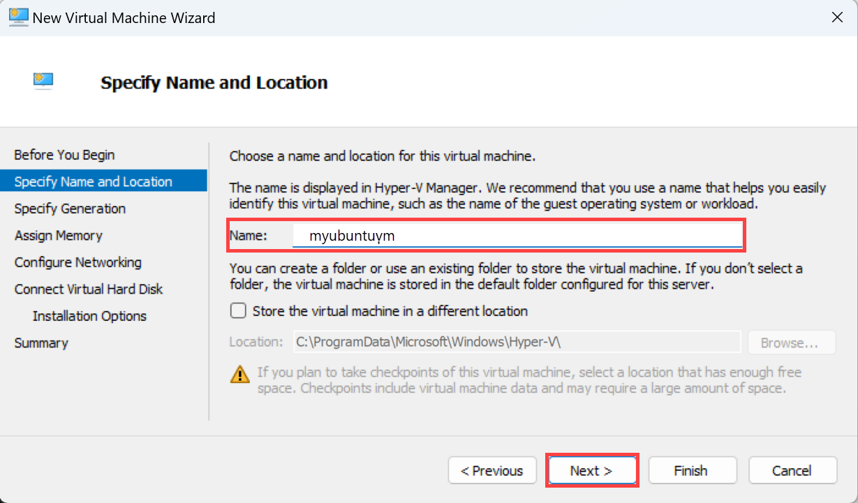 Screenshot that shows the New Virtual Machine Wizard on the Specify Name and Location page.