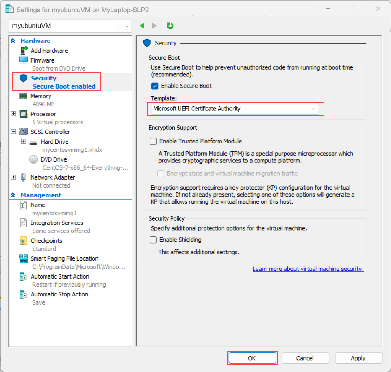 Screenshot that shows the Secure Boot options for the VM on the Settings page.