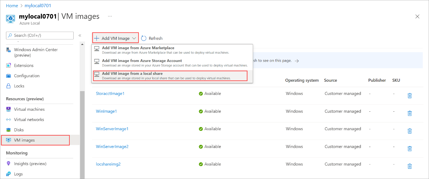 Screenshot showing Add VM image from a local share option.