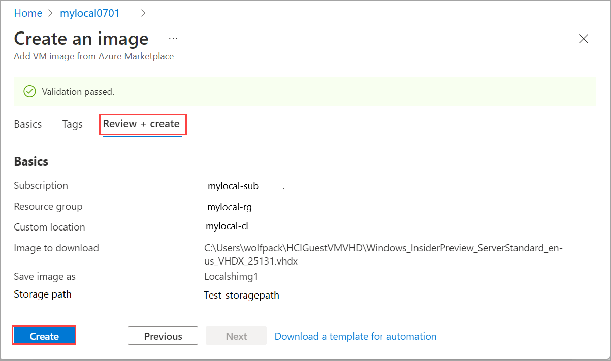 Screenshot of the Create an image page with the Create button highlighted.