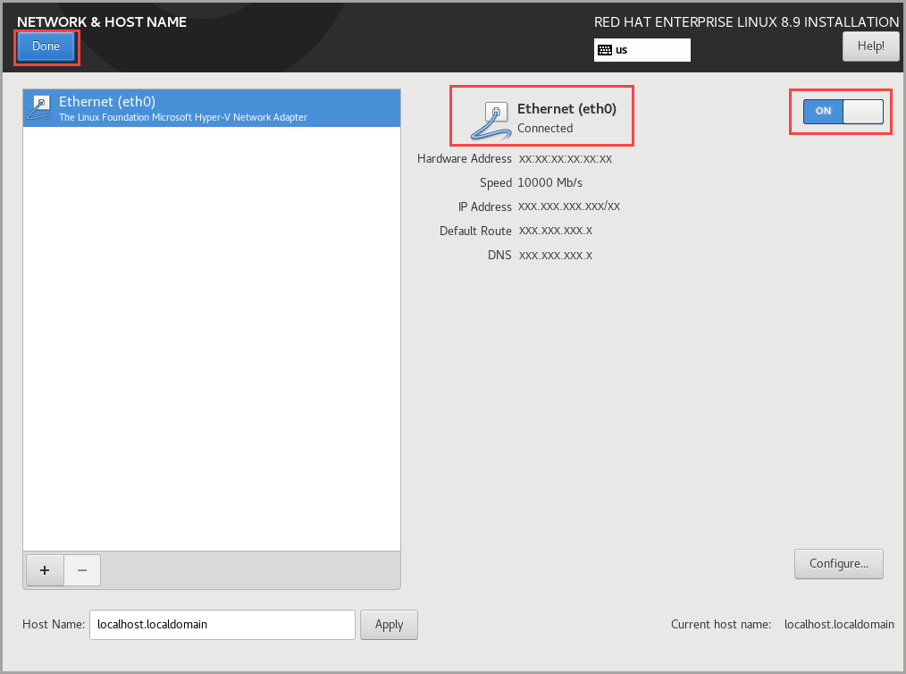 Screenshot that shows the Network & Host Name page.