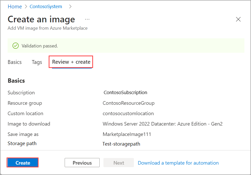 Screenshot of the Create an Image page highlighting the Create button.
