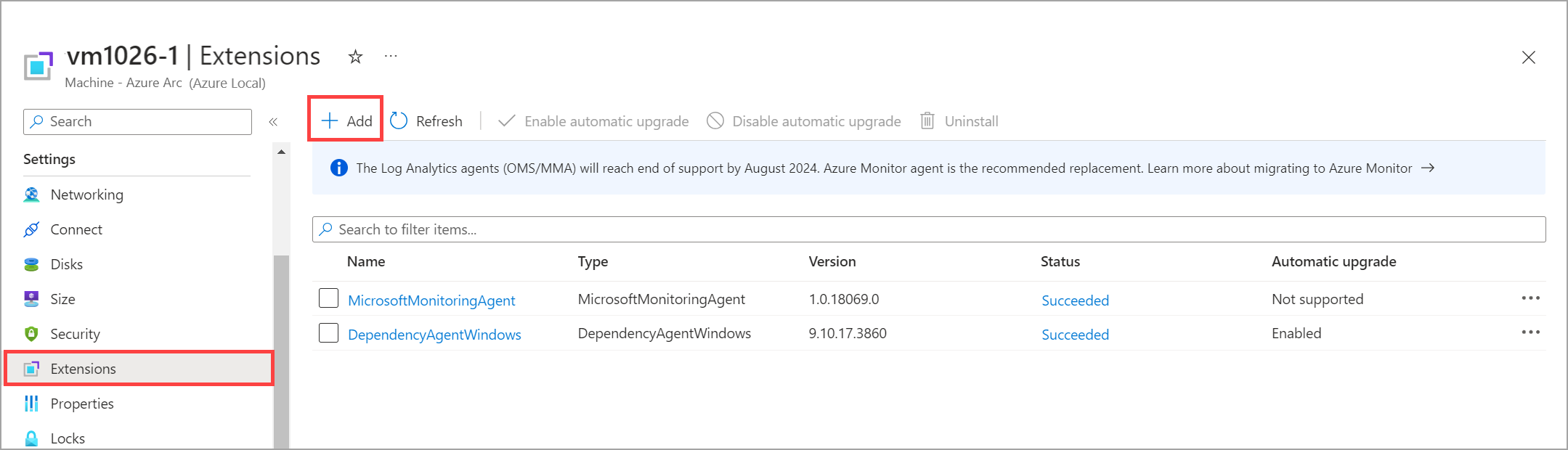 Screenshot that shows the command to add an extension on the chosen Azure Local VM.