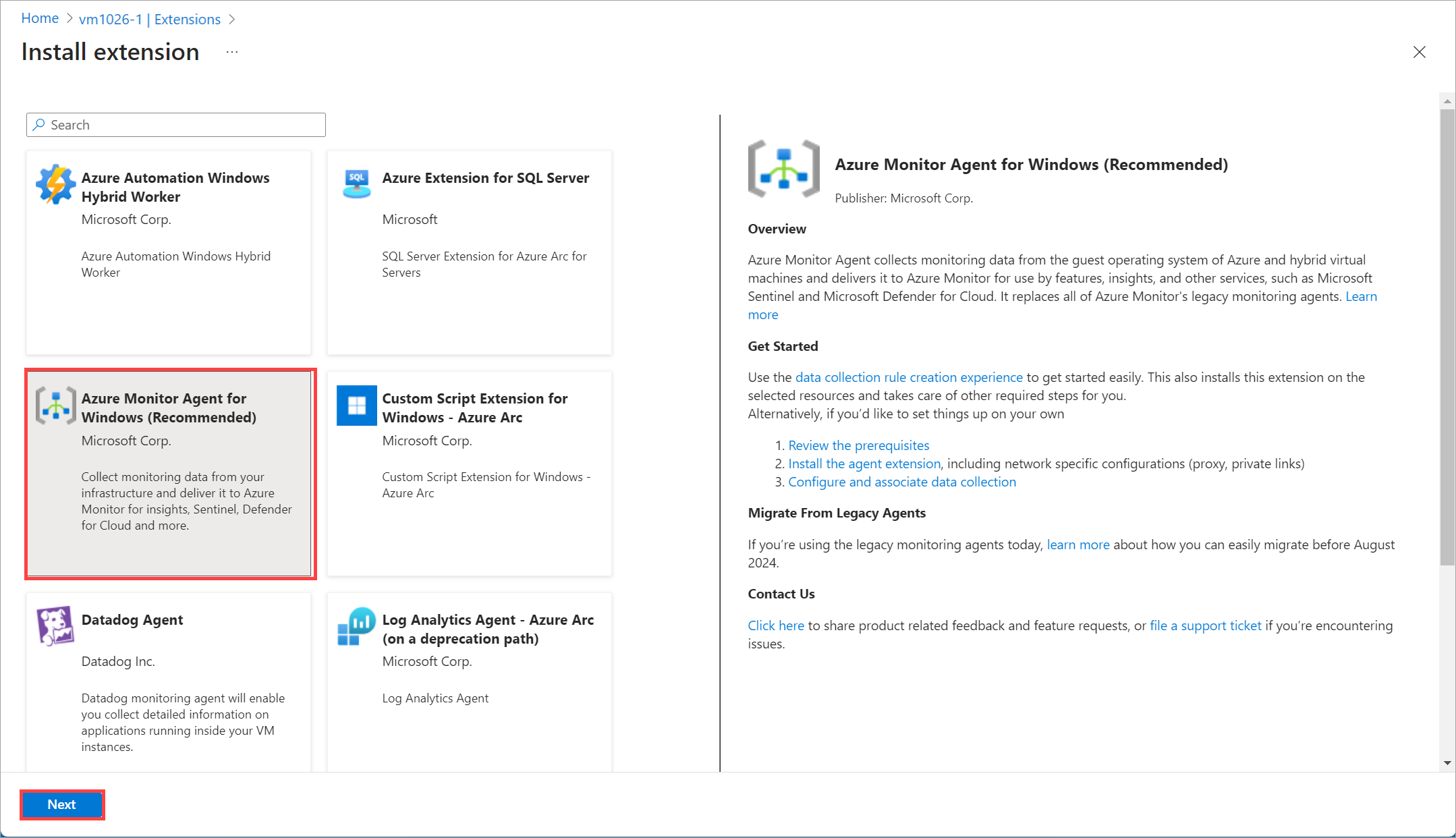 Screenshot that shows the Azure Monitor extension selected for the chosen Azure Local VM.
