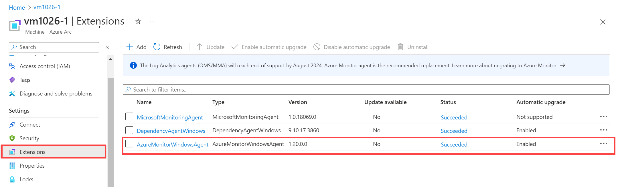 Screenshot that shows the configuration of Azure Monitor Extension installation for the chosen Azure Local VM.