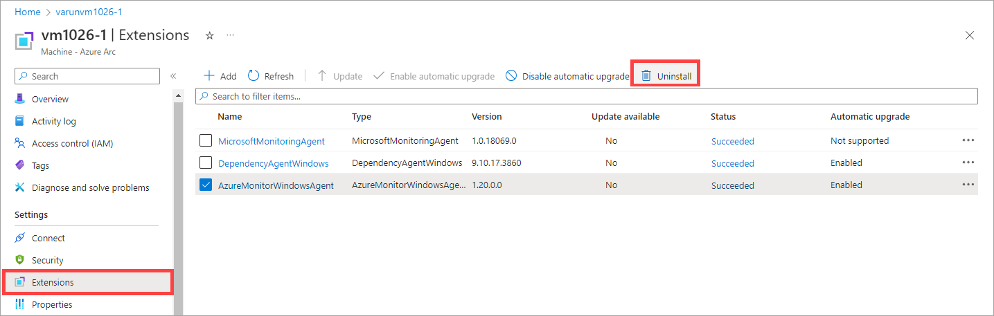 Screenshot showing Uninstall selected for the chosen Azure Local VM.