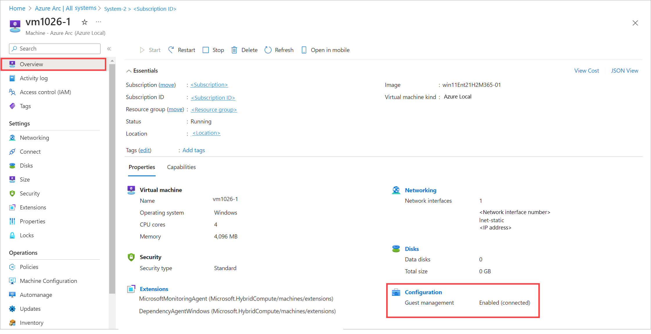 Screenshot that shows guest management enabled for a selected Azure Local VM.