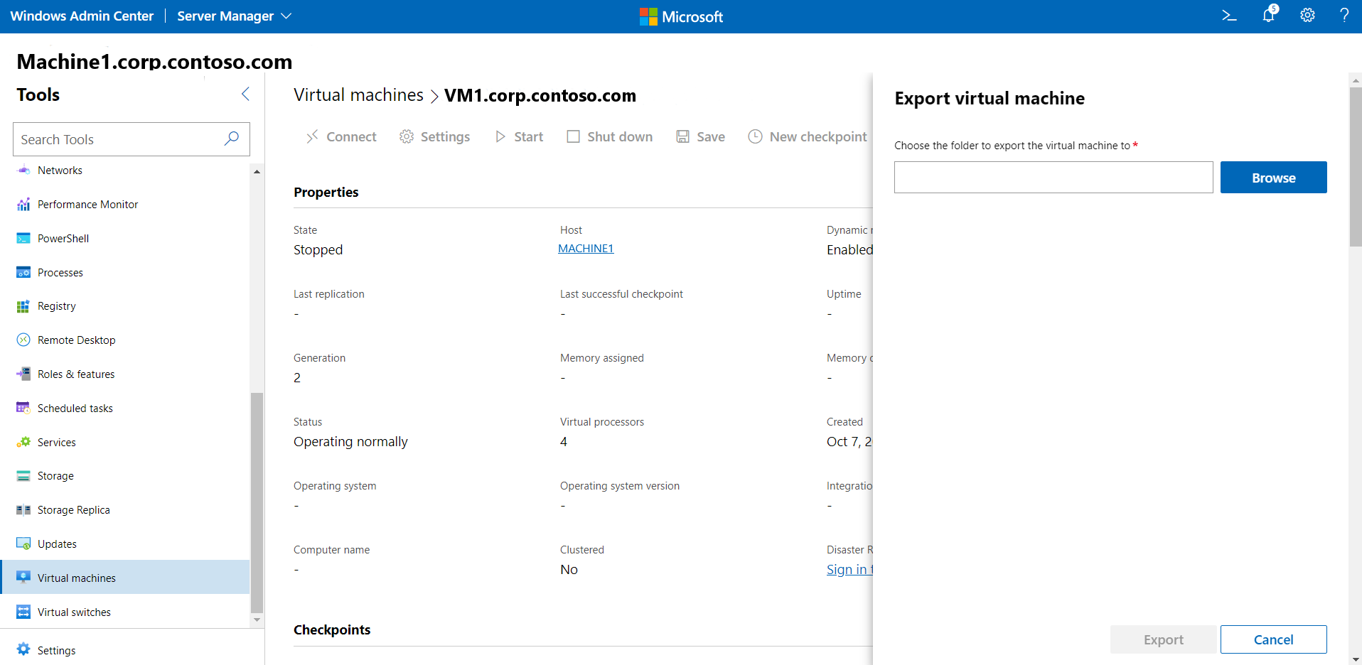 Export VM screen