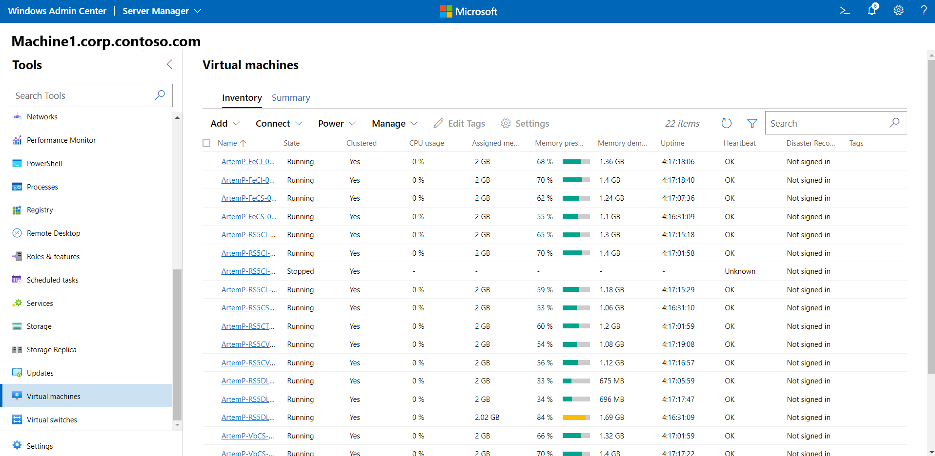 Virtual machines screen
