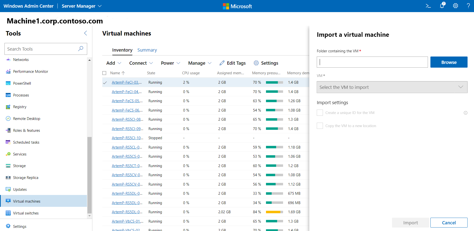 Import VM screen