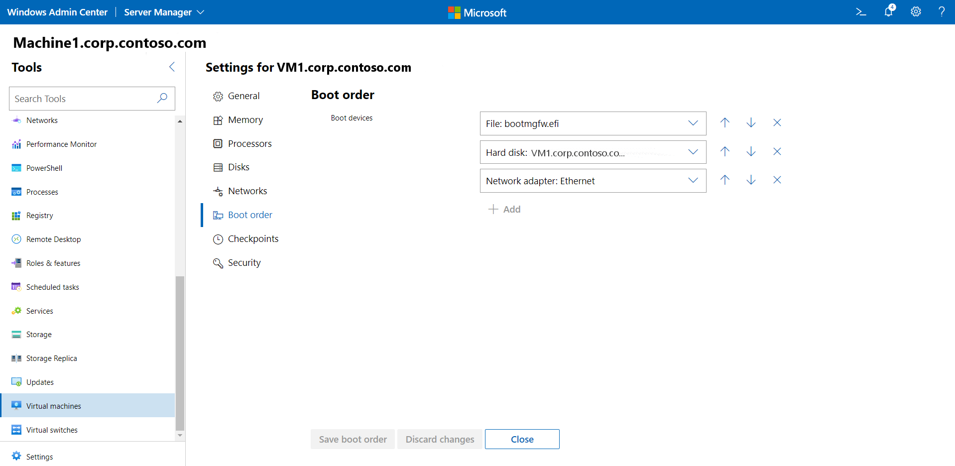 Change VM boot order screen