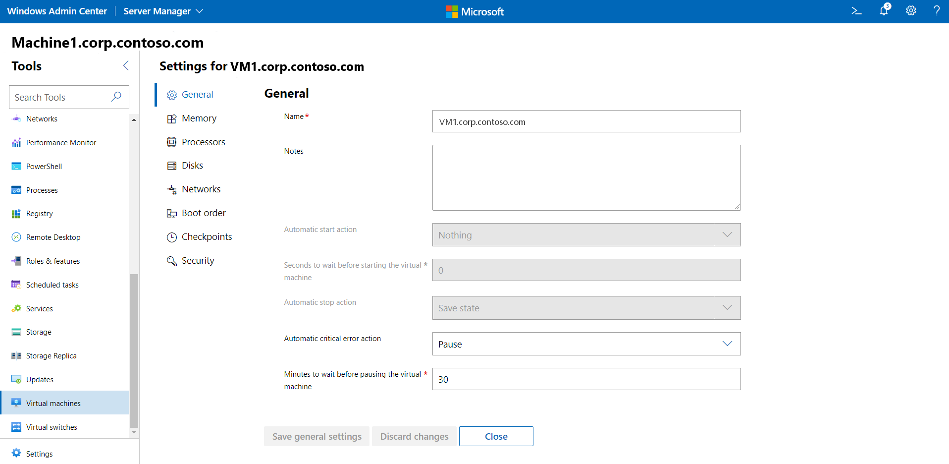 VM general settings screen