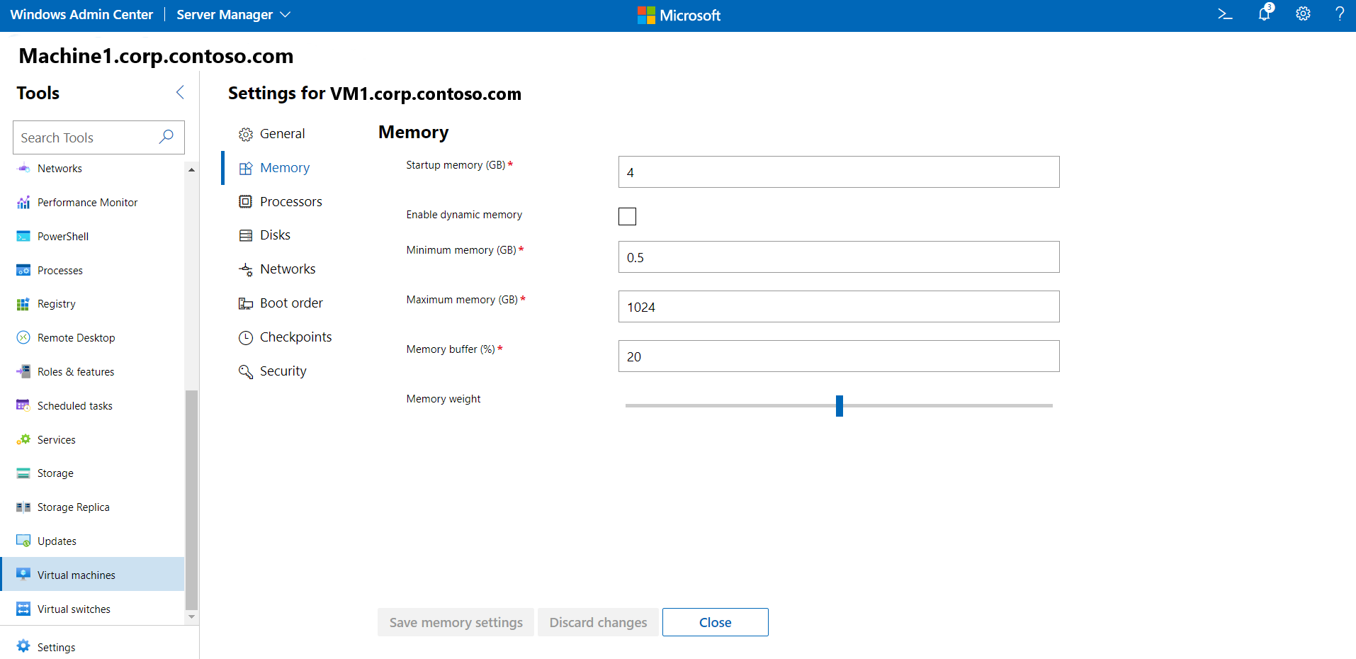 Change VM memory settings screen