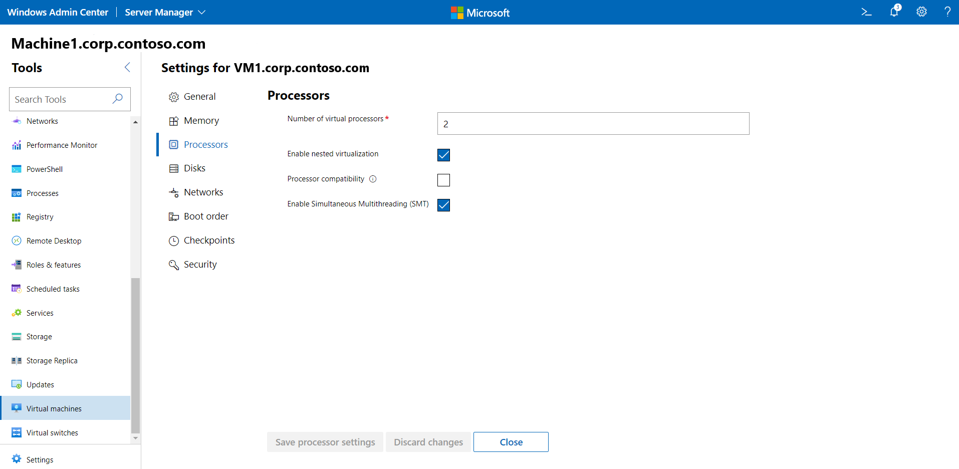 Change VM processor settings screen