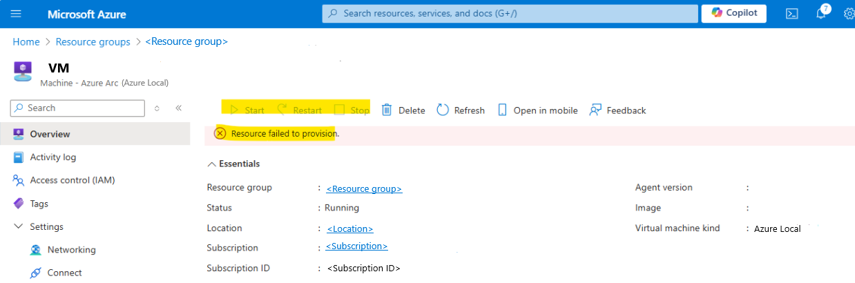 Screenshot showing the Resource failed to provision error.