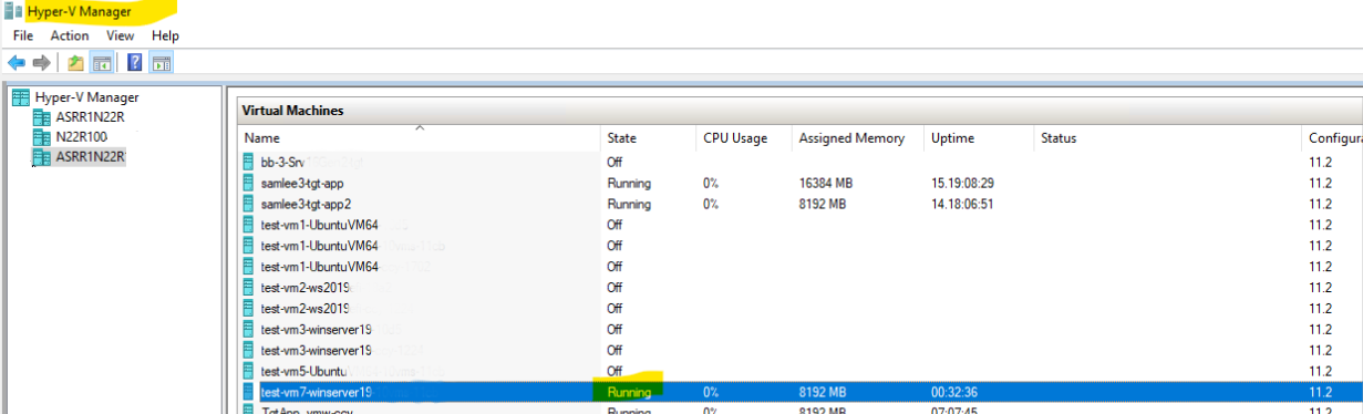 Screenshot showing VM power state in Hyper-V Manager.