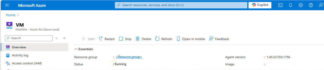 Screenshot showing VM power state in Azure portal.