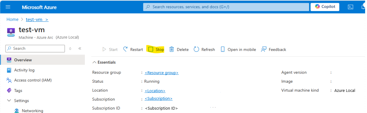 Screenshot of Azure portal showing how to stop a VM.