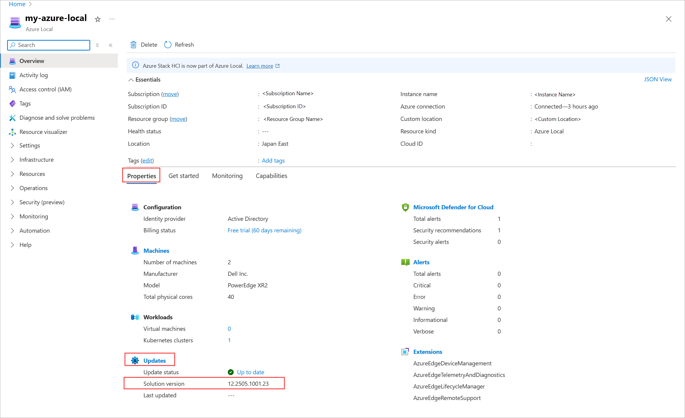 Screenshot of the Overview page for your Azure Local resource in Azure portal.