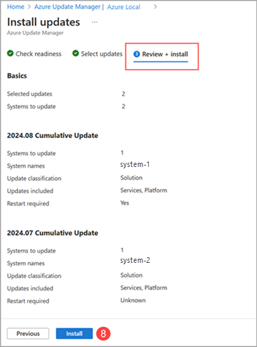 Screenshot to review and install system updates in Azure Update Manager.