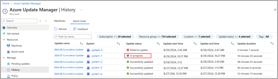 Screenshot to view progress about system updates in Azure Update Manager.