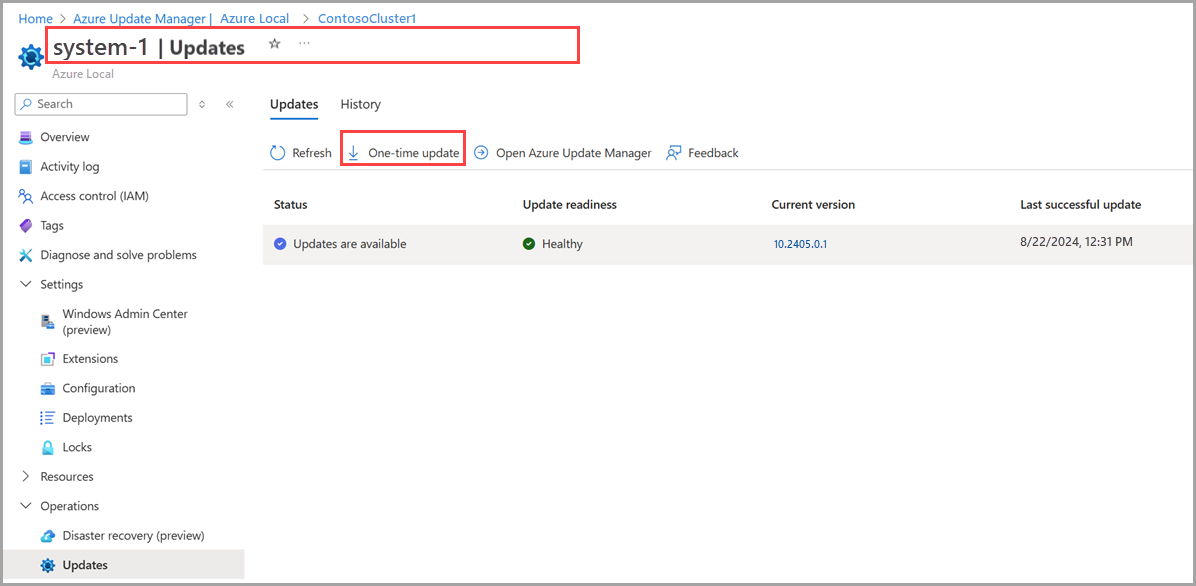 Screenshot of a one-time system update in Azure Update Manager.