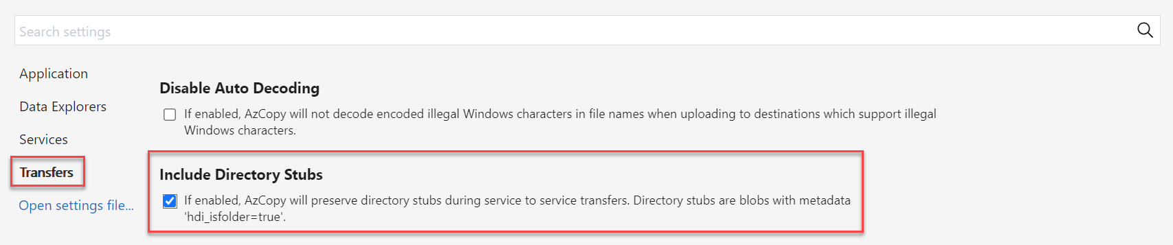 Screenshot showing how to include directory stubs during a transfer in Storage Explorer.