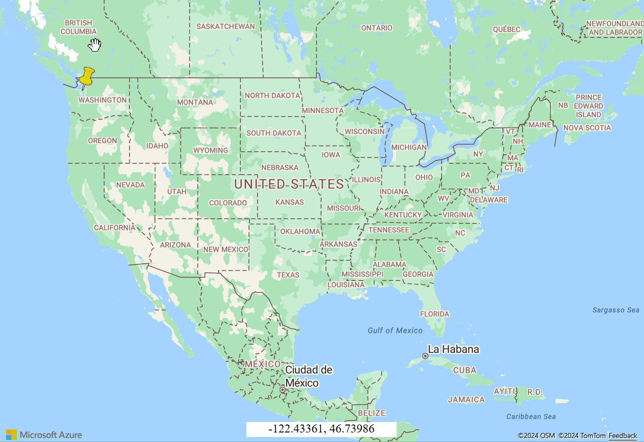 Screenshot showing a map of the United States with a yellow thumb tack being dragged to demonstrate a draggable HTML marker.