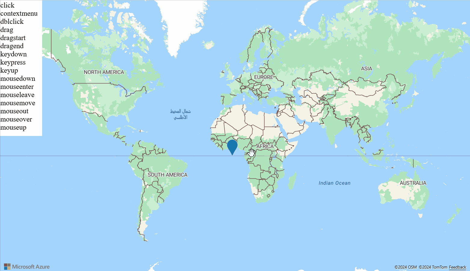 Screenshot showing a map of the world with an HtmlMarker and a list of HtmlMarker events that become highlighted in green when that event fires.