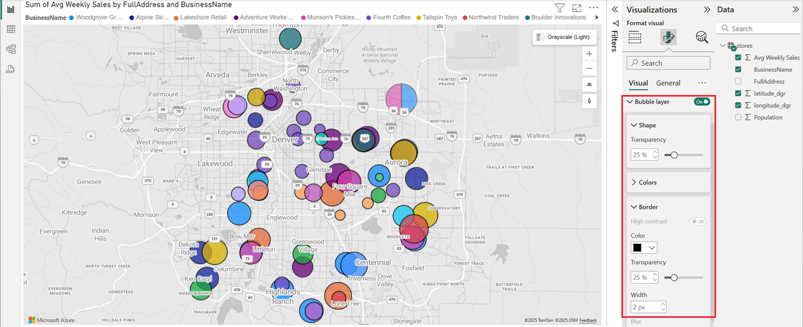 A screenshot of the Azure Maps visual displaying points as bubbles on the map with a custom style.