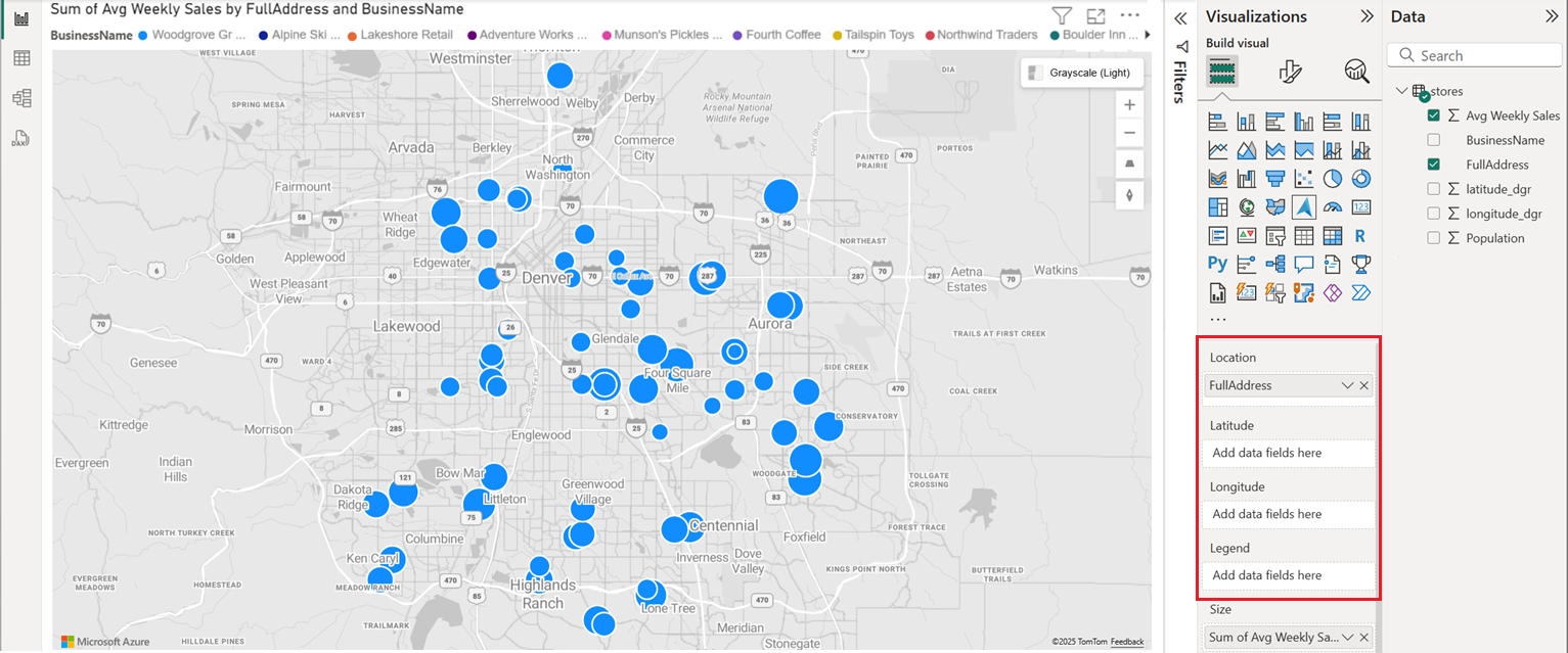 A screenshot of the Azure Maps visual displaying points as bubbles on the map after latitude and longitude fields are provided.