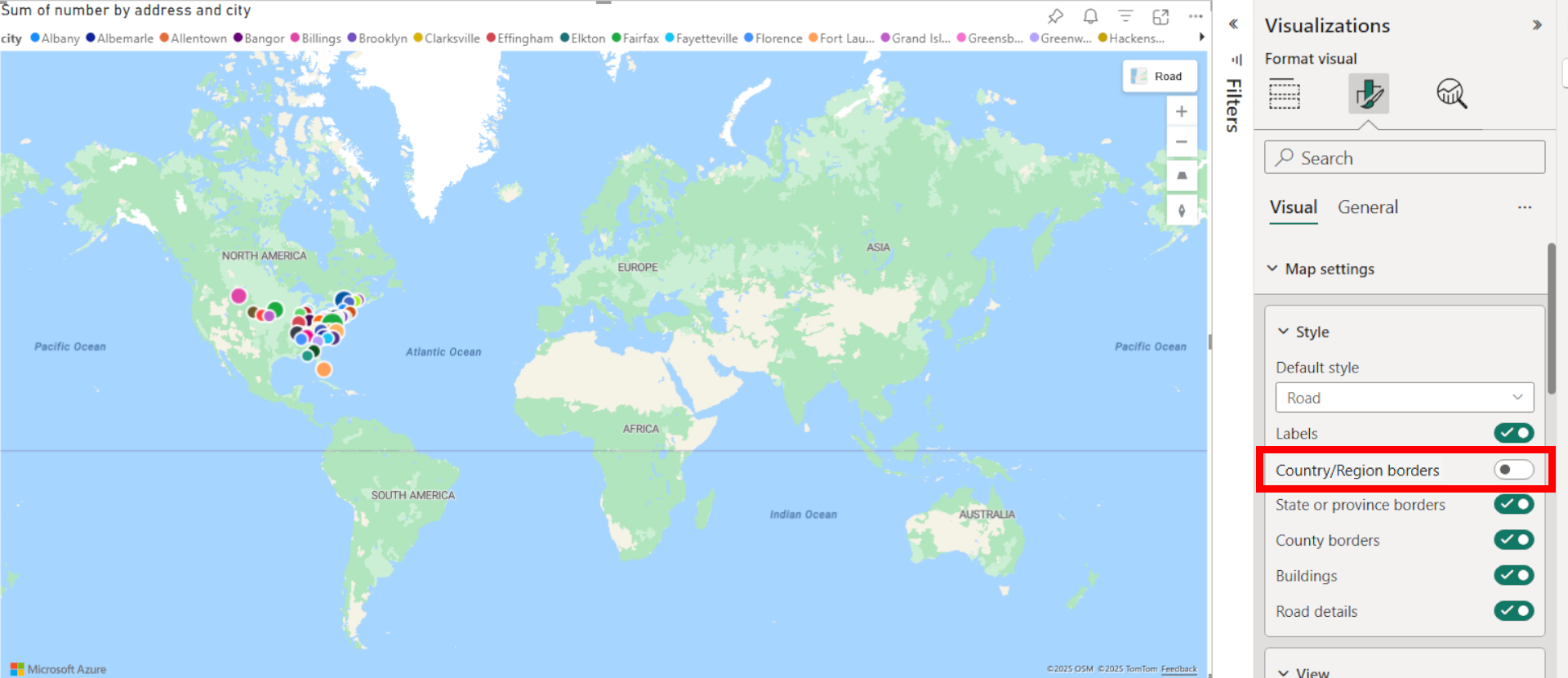 A screenshot of the Azure Maps visual displaying a map with the country/region borders setting turned off in the style section of the format pane in Power BI.