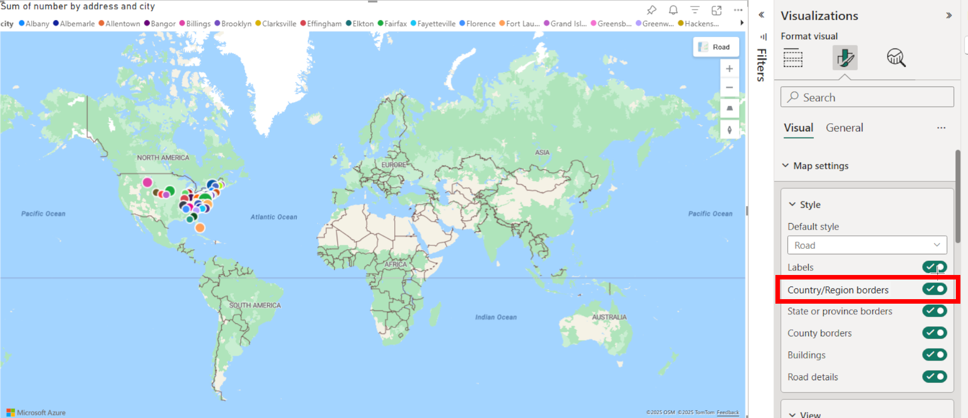 A screenshot of the Azure Maps visual displaying a map with the country/region borders setting turned on in the style section of the format pane in Power BI.