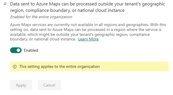 Screenshot showing that data sent to Azure Maps can be processed outside your tenant's geographic region, compliance boundary, or national cloud instance.