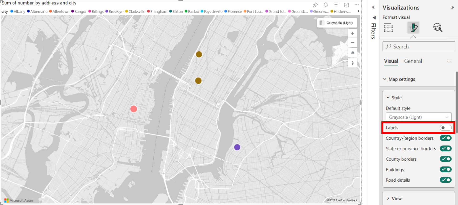 A screenshot of the Azure Maps visual displaying a map with the show labels setting turned off in the style section of the format pane in Power BI.