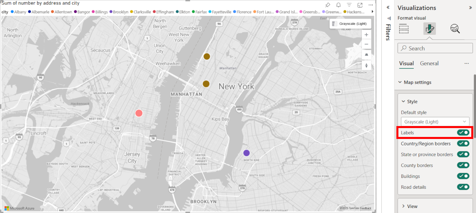 A screenshot of the Azure Maps visual displaying a map with the show labels setting turned on in the style section of the format pane in Power BI.