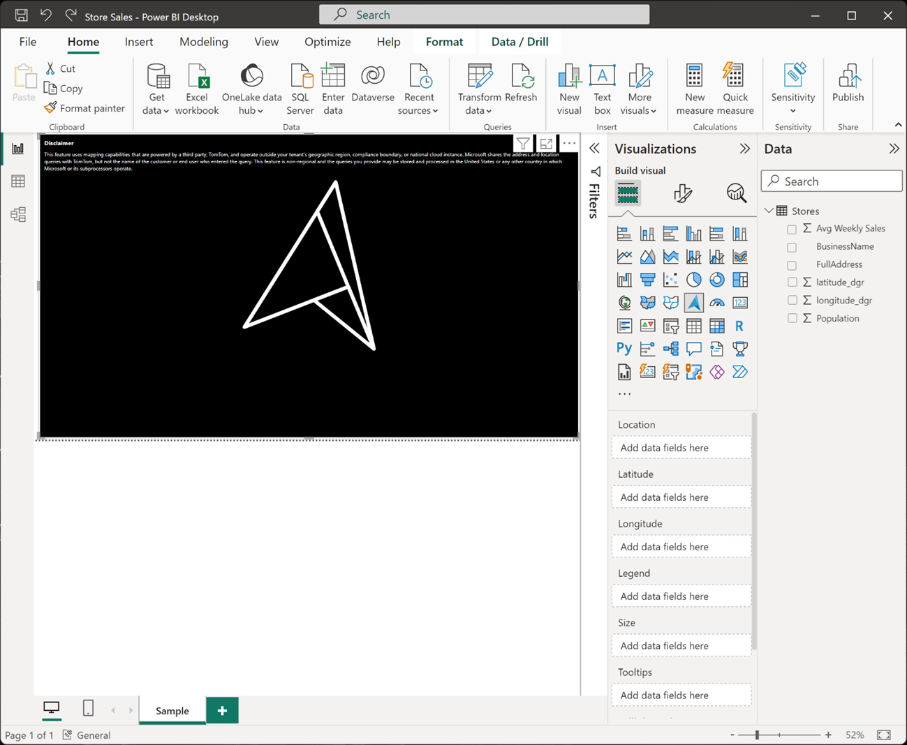 A screenshot of Power BI desktop with the Azure Maps visual loaded in its initial state.