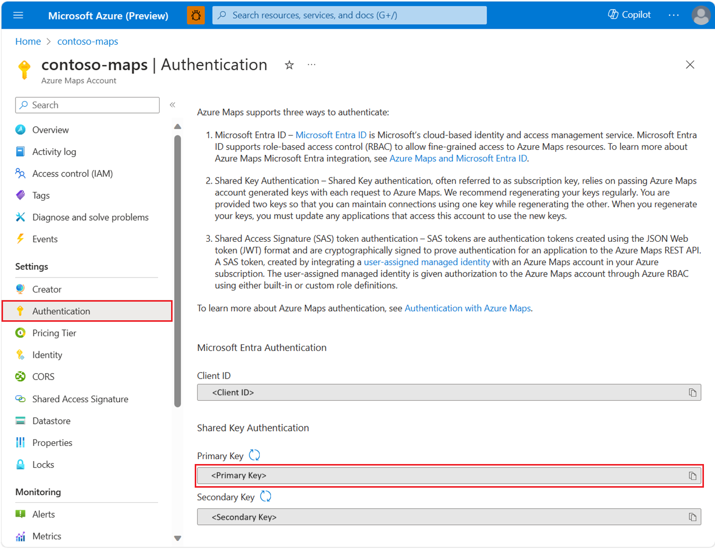 Screenshot showing your Azure Maps subscription key in the Azure portal.