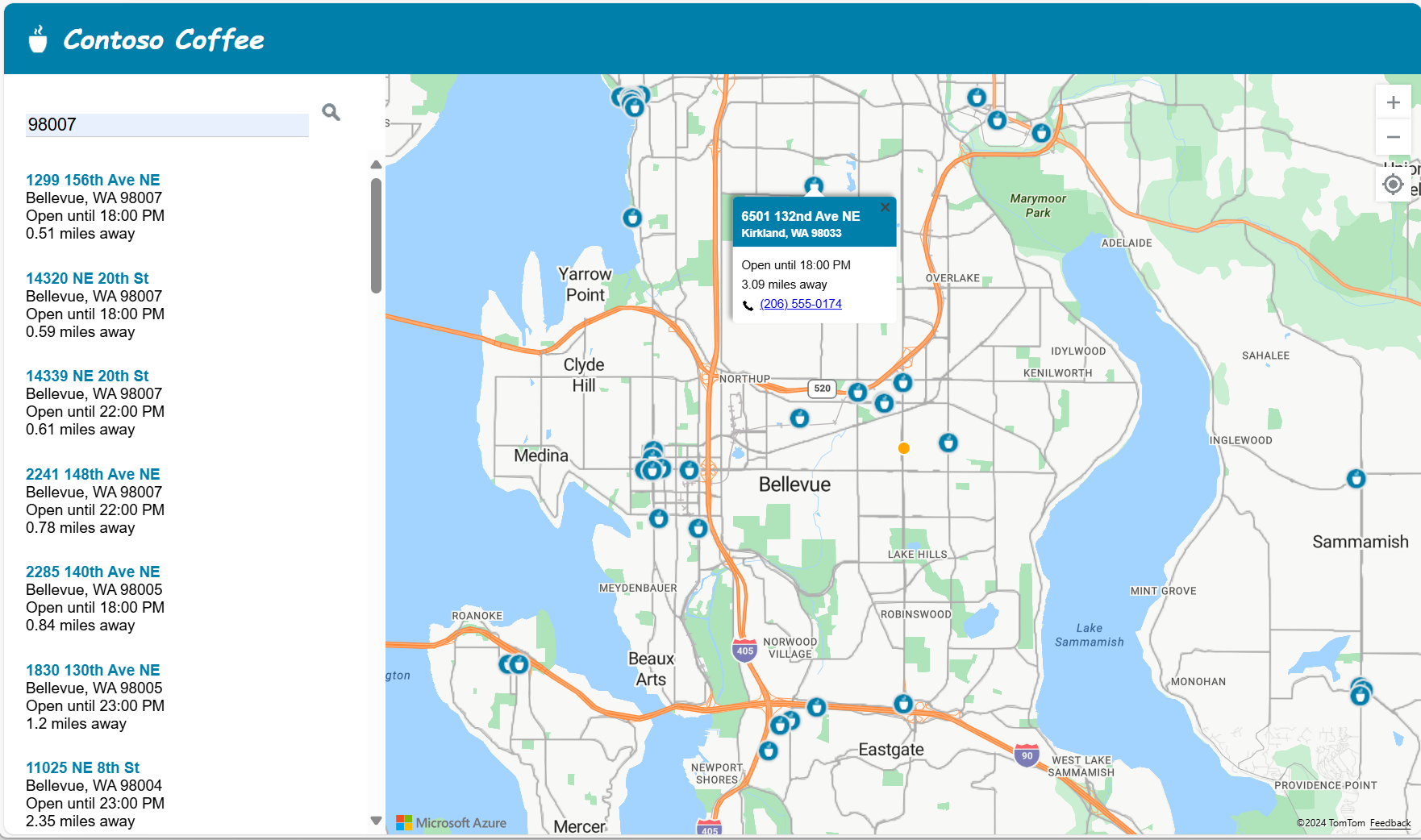 A screenshot showing the Contoso Coffee store locator Azure Maps sample application.