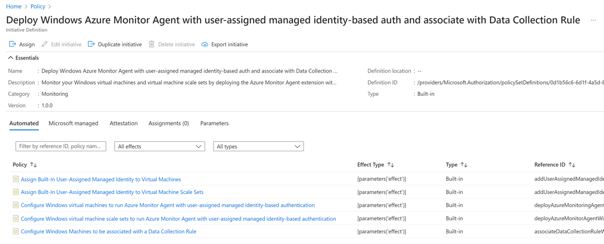 Screenshot that shows the Azure Policy Definitions page with two built-in policy initiatives for configuring the Azure Monitor Agent.