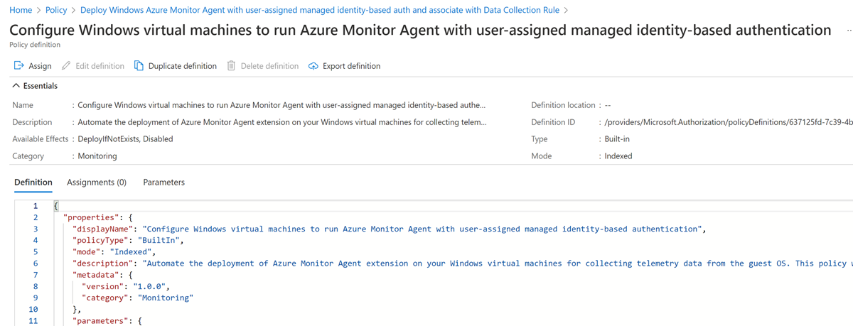 Screenshot of the Azure Policy Definitions page that shows policies contained within the initiative for configuring Azure Monitor Agent.