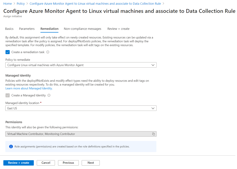 Screenshot that shows initiative remediation for the Azure Monitor Agent.