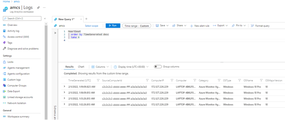 Screenshot that shows agent heartbeat logs in the Azure portal.