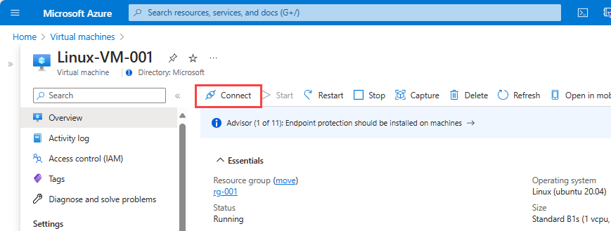 A screenshot of the Virtual machine overview page with the connect button highlighted.