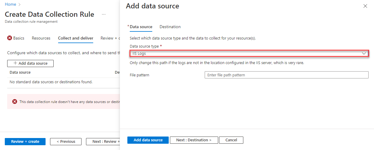 Screenshot that shows the Azure portal form to select basic performance counters in a data collection rule.
