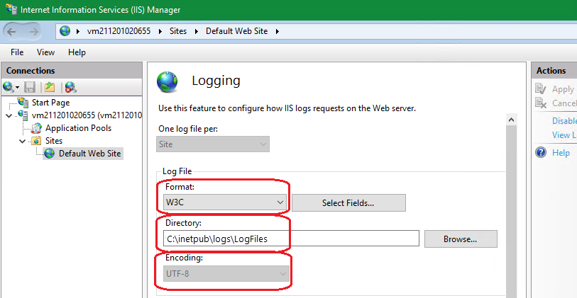 Screenshot of IIS logging configuration dialog box on agent machine.