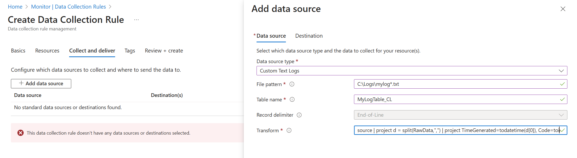 Screenshot that shows configuration of comma-delimited file collection.
